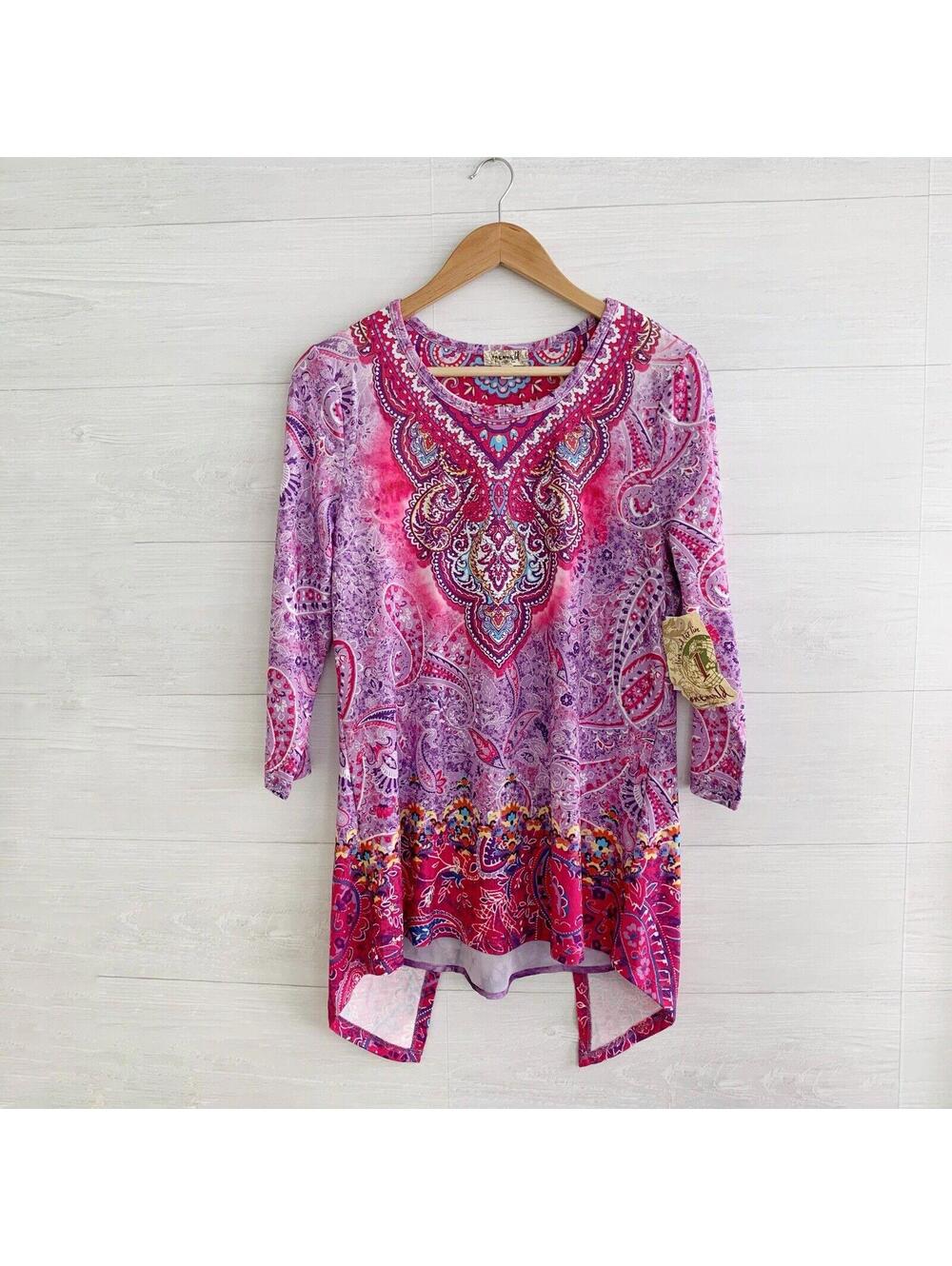 NWT One World Pink Purple Paisley Split Back Tunic Top 3/4 Sleeve M Boho